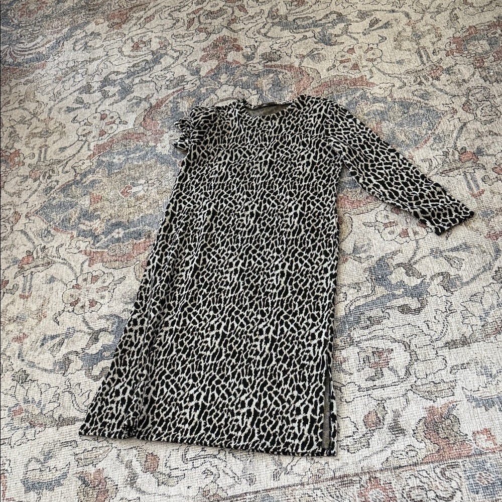 LOFT Black and Cream Animal Print Long Sleeve Dress
